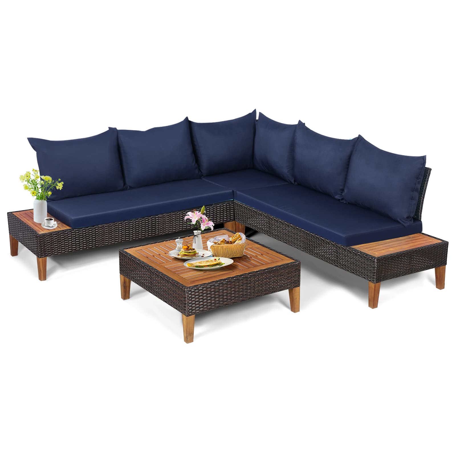 Ensemble de conversation de terrasse 4 pièces en bois d'acacia, ensemble de canapés avec table basse, canapé d'angle et 2 causeuses